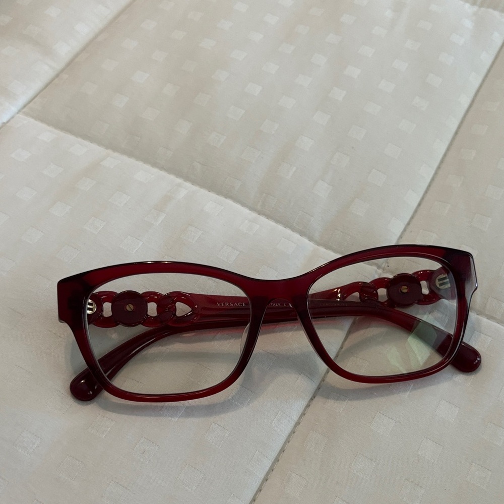 Versace Women's Burgundy Cat-Eye Glasses with Chain-Link Temples